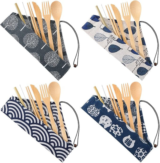 4 Sets Bamboo Utensil Travel Cutlery Set, Reusable Bamboo Utensil Fork Knife Spoon Chopsticks Straw Cleaning Brush for Eating Travel Picnic Office School (Vintage Style)