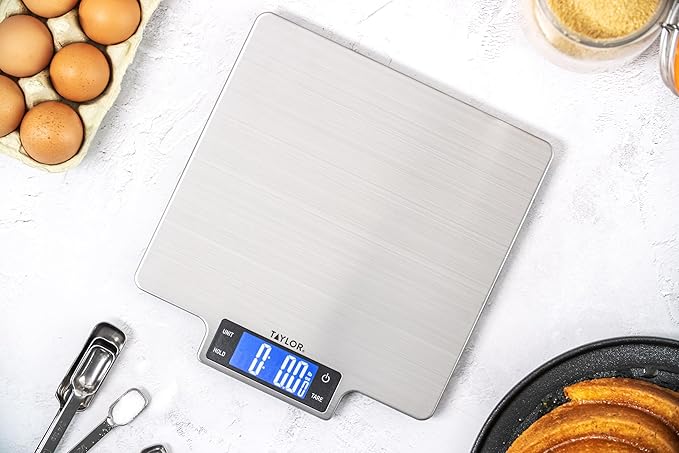 Taylor Pro Digital Large Kitchen Food Scales, Professional Standard Tare Feature with Accuracy and High Precision Sensor, Stainless Steel Silver, 10 kg Capacity