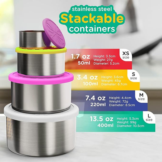 Stainless Steel Container with lids Kids Lunch Box- Set of 4 Stainless Steel Snack Containers Dip Containers For Lunches Metal Kids Lunch Box Container