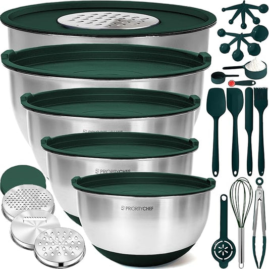 Priority Chef 28Pc Stainless Steel Mixing Bowls with Lids Set, Non-Slip Base, Air Tight Lids, 3 Graters and Utensil Set, Large Metal Nesting Bowls for Kitchen, Green