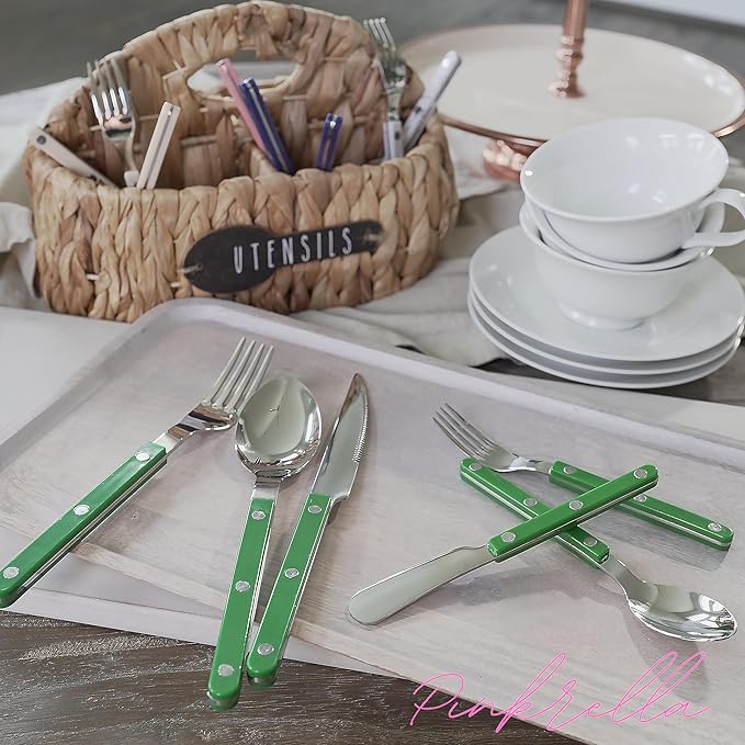 6-Piece Stainless Steel Flatware Silverware Cutlery Set - Color Handle with Rivet/Retro Style - Includes Dinner Knife; Dinner Fork; Salad Fork; Soup Spoon; Teaspoon; Spreader (GREEN)