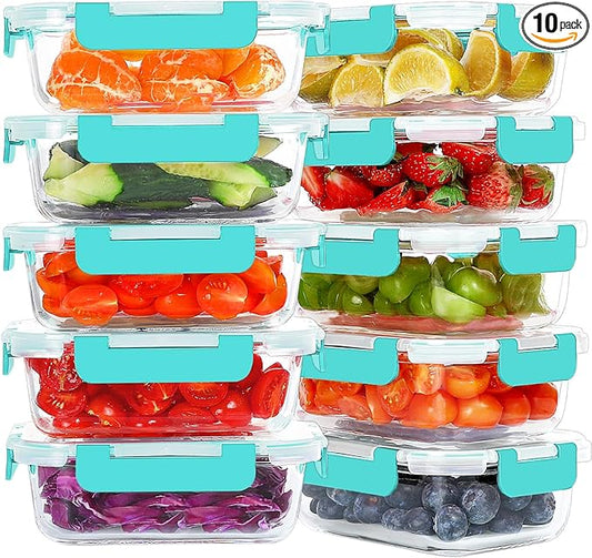 10 Packs 22 oz Glass Meal Prep Containers, Glass Food Storage Containers with Lids, Airtight Lunch Boxes BPA Free, Microwave and Freezer Safe, Green