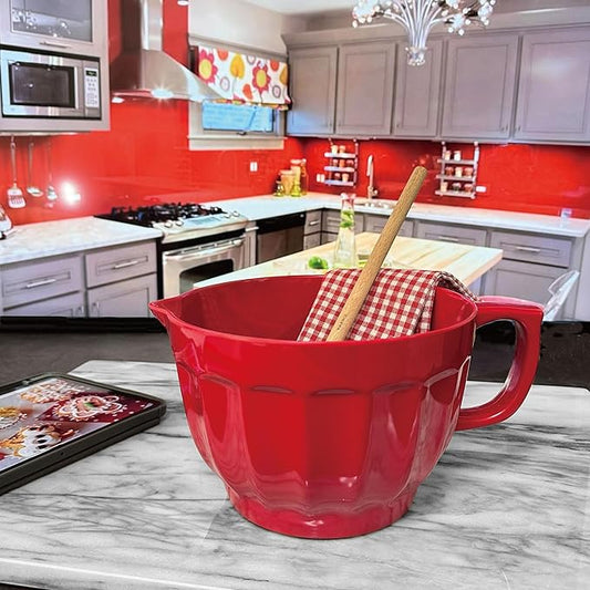 UPware Latte Style Melamine Batter Bowl with Pour Spout, Handle and Non-Slip Base, Grip Handle for Easy Mix and Pour, Home Essentials Cooking and Baking Tools, 4.3 quart, 11.5 x 8.75 Inch, Red
