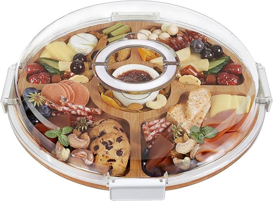 Round Charcuterie Board with Clear Lid, Travel Picnic Portable Cheese Board Charcuterie Boxes, Meat Fruit Serving Tray Platter, House Warming Gifts New Home, Gifts for Women