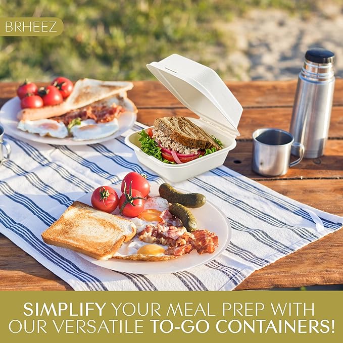 brheez Disposable Clamshell To Go Containers - Bagasse Fiber Biodegradable Containers with Lids for Takeout, Parties, & Holidays - Pack of 50 Chemical-Free, 1-Compartment Boxes, 6"x6", White