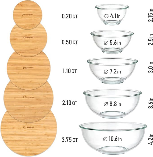 Stackable Space-Saving Set of 5 Nesting Glass Bowls with Bamboo Lids for Foodprep, Storage, Baking, Mixing & Cooking, Microwave & Oven Safe BPA Free Heat Resistant Inert Borosilicate Glass