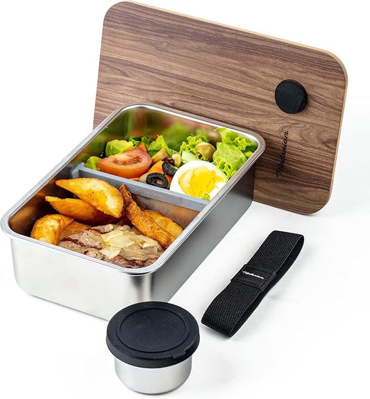Leak Resistant Stainless Steel Bento Box For Adults|Stainless Steel Lunch Box for Adults |44Oz| BentoBox/Lunchbox| Lunch Container | Microwave Safe (Bottom container) |Bamboo Lid- SIlver