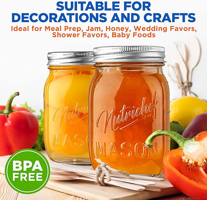 NutriChef 8-Pack 16 oz Mason Jars with Lids - Thick Glass Canning Jars with Stainless Steel Lids - Ideal for DIY Spices, Meal Prep, Overnight Oats, Jelly, Jam, Honey, Candles, Crafts, & More