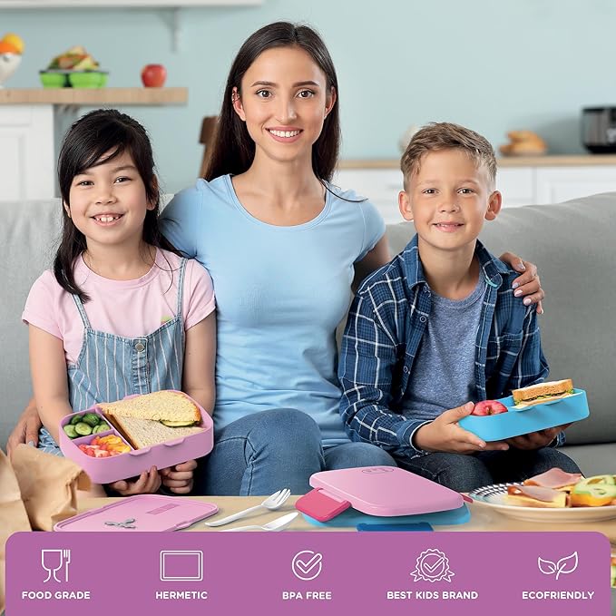 Kids Bento Lunch Box For Boys and Girls With Free Cutlery Set, 6 Sticker Sheets (5+ Years) and Parent Cards - 880 ML Leakproof 3 Compartment Lunch Box for kids, Portion Control Bento Box Kids - Lilac