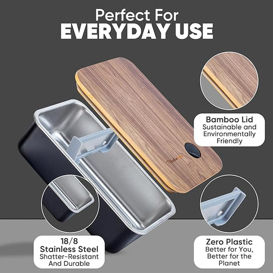 Leak Resistant Stainless Steel Bento Box For Adults|Stainless Steel Lunch Box for Adults |44Oz| BentoBox/Lunchbox| Lunch Container | Microwave Safe (Bottom container) |Bamboo Lid- Black