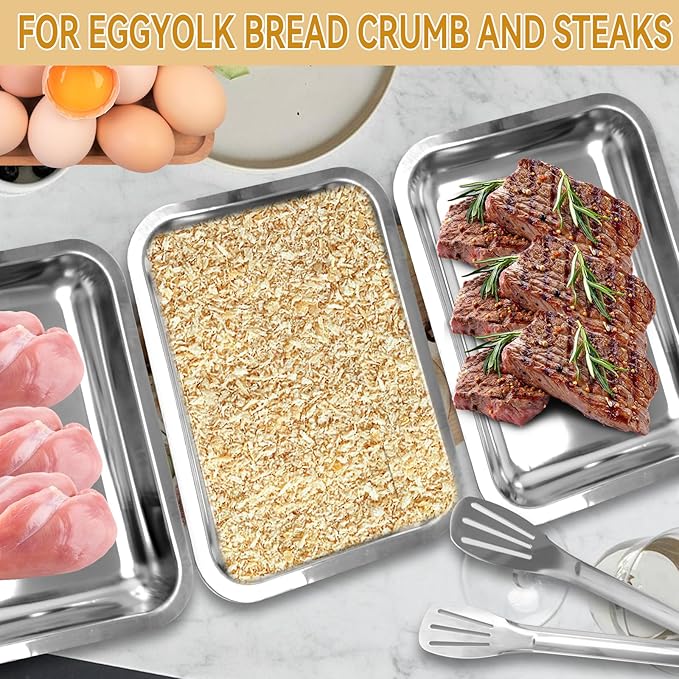 4 Pcs Breading Trays 10.4 x 7.7 x 1.9 Inch Food Prep Trays Stainless Steel Breading Pans with Lids and Tong for Dredging Chicken Breasts Marinating Meat and Serving Dishes