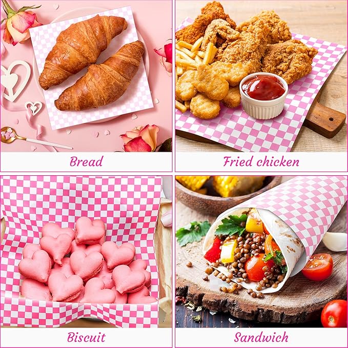 1000 Sheets Wax Deli Paper Sheets for Food 12 x 12 Inch Checkered Dry Waxed Deli Basket Liners for Sandwich Wrapping, Food Basket Liners, Picnic party(Pink-white)