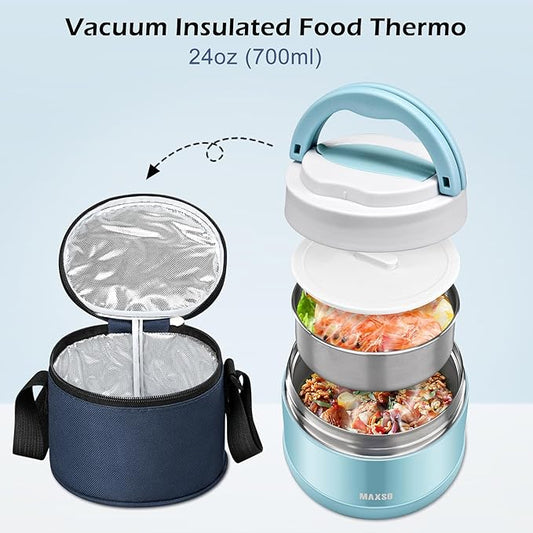 MAXSO Food Jar for Hot Food - 24 OZ Soup Thermo for Adults Vacuum Insulated Lunch Containers with Foldable Spoon & Thermal Bag, Wide Mouth Leakproof Bento Box - Blue