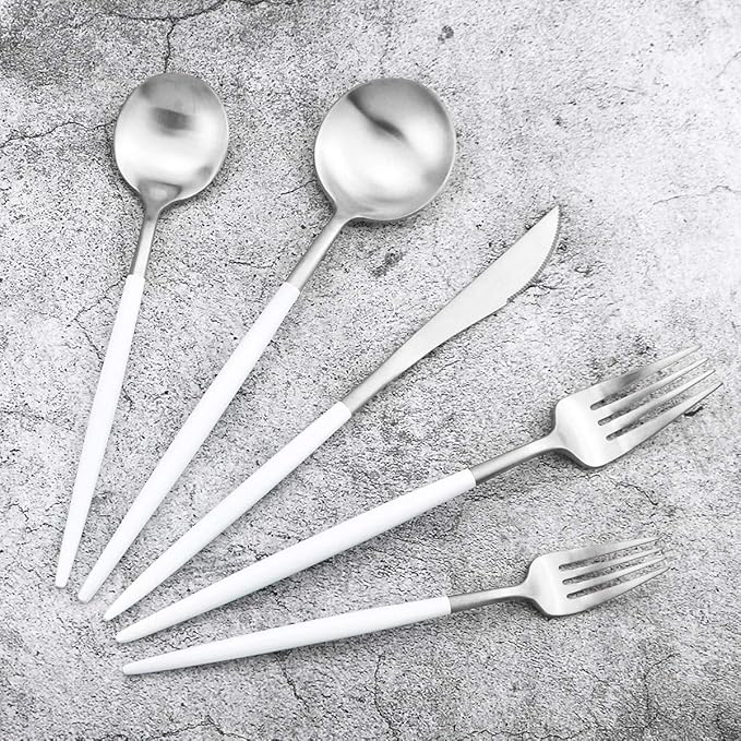 20-Piece 18/10 Stainless Steel Flatware Silverware, Luxury Dinnerware Set Travel Cutlery Tableware Include Knife Fork Spoon Service for 4, Dishwasher Safe (White Handle Matte Silver)