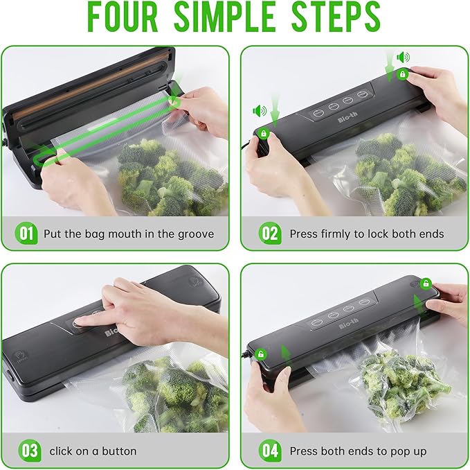Bio-th Vacuum Sealer for Food Storage, Food Saver Vacuum Sealer Machine, Fast & Compact Vacuum Sealer for Food, Multi-Functional with Dry & Wet Modes, Includes 15pcs Big Size Bags (25x30cm)