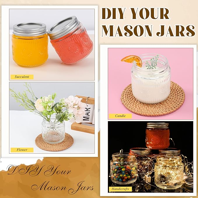 Mason Jars 8 oz - Small Glass Mason Jars with Silver Metal Lids, Regular Mouth Canning Jars, Safe For Storage, Canning, Pickling, Preserving, Fermenting, DIY Crafts & Decor (6Pack)