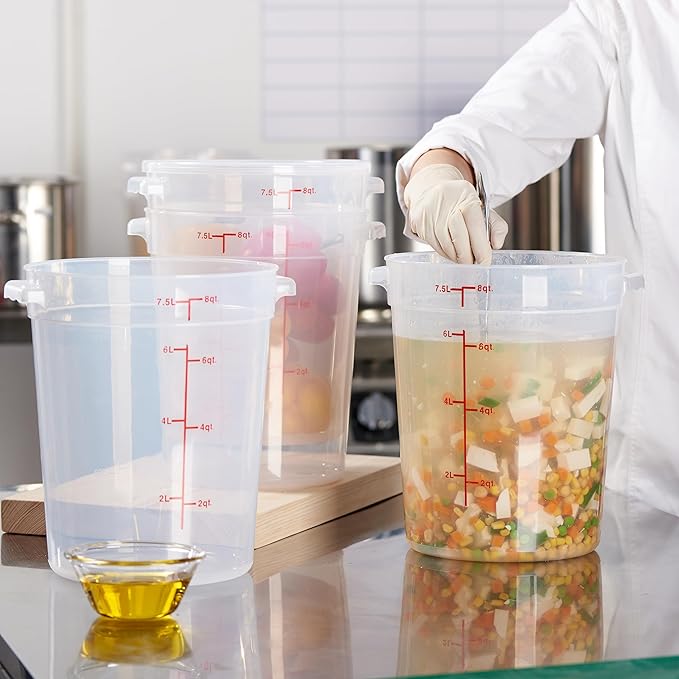 CURTA 8 Quart Translucent Round Food Storage Container with Lid, Pack of 4 – NSF Listed, BPA-Free, Commercial-Grade Polypropylene, Freezer & Dishwasher Safe, Non-Stick, Easy-Read Graduations