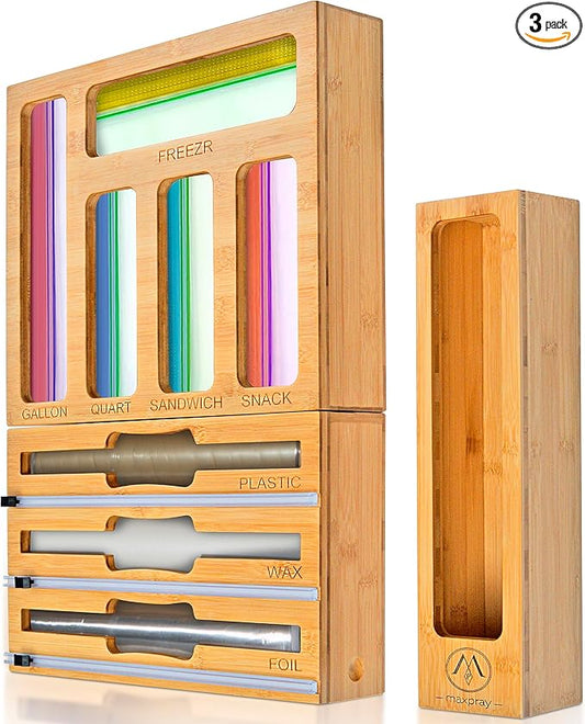 9 IN 1 Bamboo Foil and Plastic Wrap Organizer for Kitchen Drawer, Plastic Bag Organizer Organization and Storage, Food Storage Bag Organizer with Labels for Quart Gallon Snack Sandwich