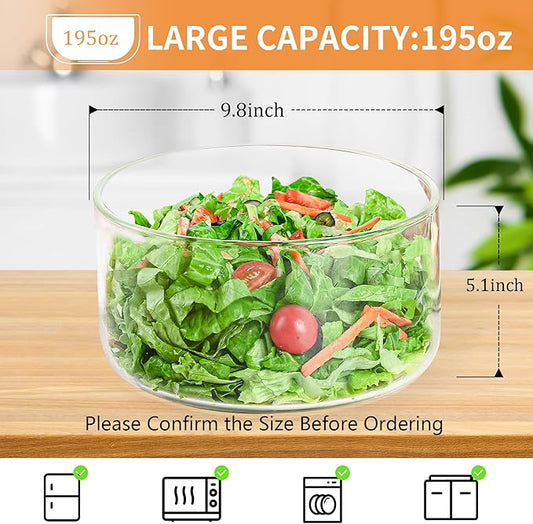 Large Glass Salad Bowl with Lid 195oz, Large Mixing Bowl with Lid for Salad, Fruit, Dessert, 9.8" Clear Trifle Bowl Glass for Family, Keep Food Fresh, Microwave and Dishwasher Safe