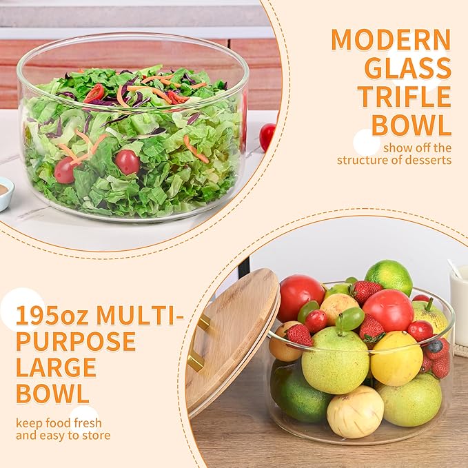 Large Glass Salad Bowl with Lid 195oz, Large Mixing Bowl with Lid for Salad, Fruit, Dessert, 9.8" Clear Trifle Bowl Glass for Family, Keep Food Fresh, Microwave and Dishwasher Safe