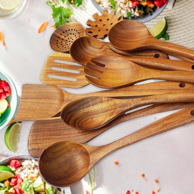 Premium Wooden Spoons for Cooking – 10 Pcs Wooden Utensils Set Teak Wooden Spatulas & Wooden Spoons for Nonstick Cookware – Heat Resistant, Lightweight & Durable