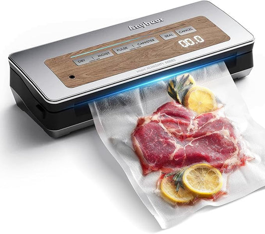 Vacuum Sealer Machine, 90kPa 120W Wide Seal All-IN-1 Powerful Food Storage, Build-in Cutter | Bags Storage | Digital Countdown Display | 2 Bag Rolls and 5pcs Pre-cut Bags (Silver Wood Grain)