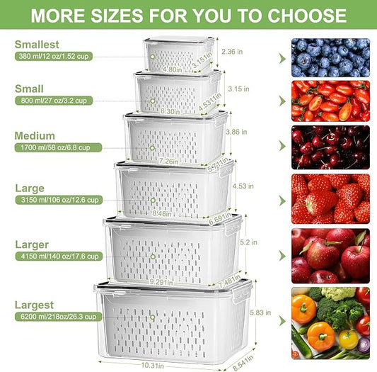 6 Pcs Large Fruit Containers for Fridge, Airtight Food Storage Containers with Removable Colander, Dishwasher and Microwave Safe, Berry Produce Container Keep Fruits, Vegetables, Meat Fresh Longer