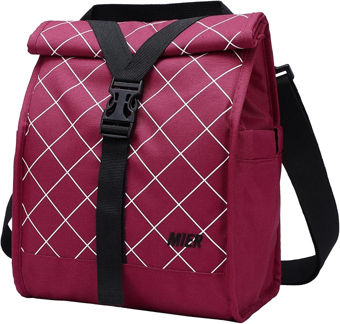 MIER Insulated Lunch Bag Roll Top Lunchbox for Women Men Adults Foldable Rolltop Lunch Tote with Shoulder Strap for Work Office Picnic, Water Bottle Holder, Red