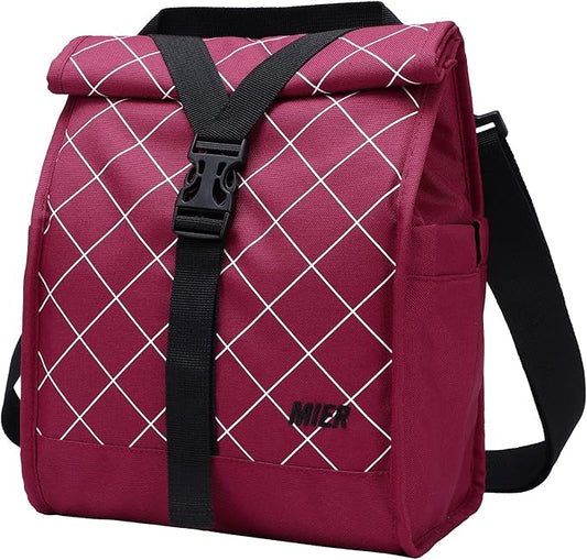 MIER Insulated Lunch Bag Roll Top Lunchbox for Women Men Adults Foldable Rolltop Lunch Tote with Shoulder Strap for Work Office Picnic, Water Bottle Holder, Red