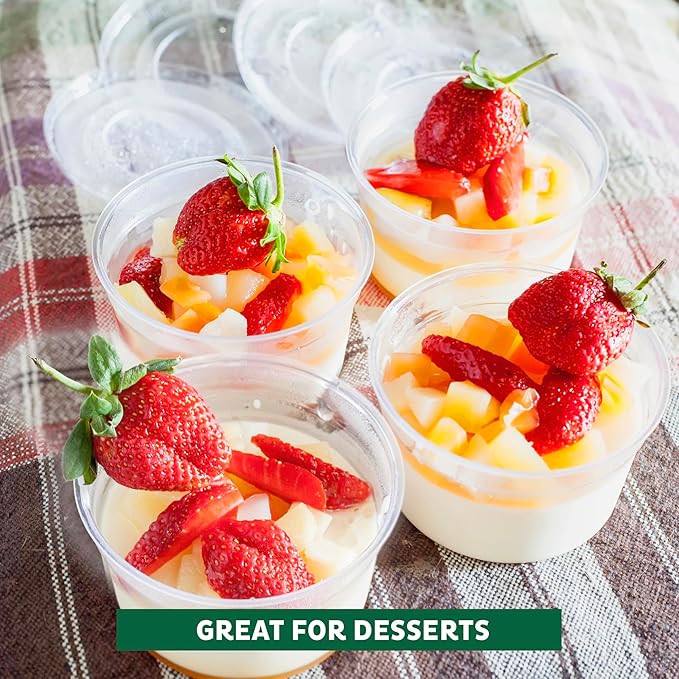 Freshware Plastic Portion Cups with Lids [4-Ounce, 100 Sets] - Souffle, Sampling, Sauce, Snack, Dressing, Jello Shot Cups, Plastic Containers, BPA Free