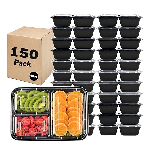 150 Pack Meal Prep Containers, 43 OZ Bento Box, 3 Compartment Divided Food Storage Containers Durable Stackable Reusable, For Microwave/Dishwasher/Freezer（150 Trays & 150 Lids）