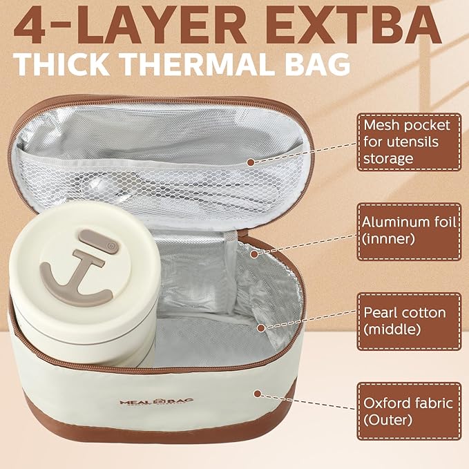 Dandat 4 Pcs Insulated Bento Box Portable Stainless Steel Food Container Round Microwave Safe Stackable Leakproof Thermal Food Container for Adult Men Women with Insulated Bag, 74 oz(Beige)