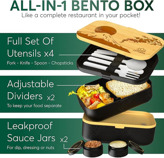 Umami Bento Box Adult All-In-1 w/4 Utensils, 2 Sauce Jars 2 Dividers, Bamboo Lid, 100% Leakproof, Microwave & Dishwasher Safe Stackable Lunch Box Containers for Men/Women, Black Bamboo Fuji, 68 oz