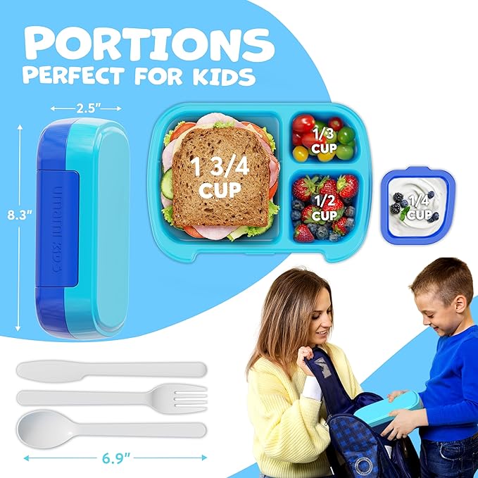 Umami All-in-1 Bento Box for Kids, Ice-pack & Utensils Included, 100% Leakproof & BPA free, Parents' favorite Lunch Box Kids (Ocean Blue, 23 oz)