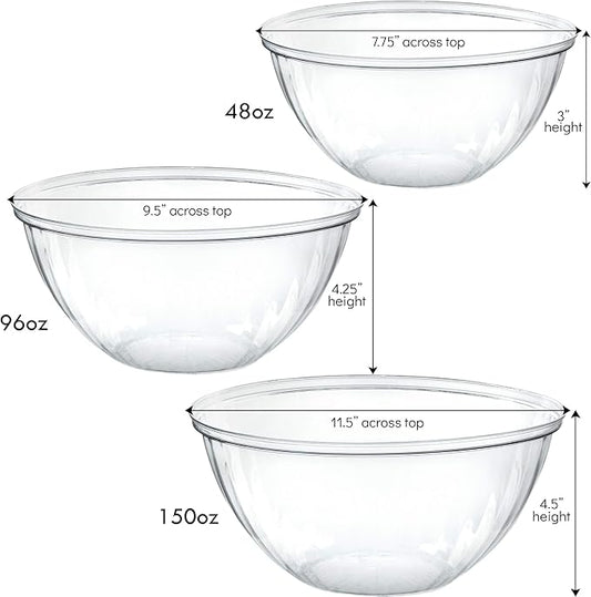 PLASTICPRO Disposable Combo Set of Salad Bowl With Lids Includes 4, 48 Ounce 4, 96 oz 4, 150 Ounce Round Crystal Clear Plastic Serving Bowl