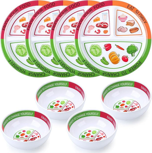 Tioncy 8 Pcs Bariatric Portion Control Set with 4 Bariatric Plates 4 Portion Control Bowls for Adults Diet Balanced Eating Weight Loss Serving Plans (Stylish)