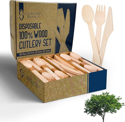 Compostable Cutlery Set - 300 PCS Wooden Utensils [120 Forks, 90 Spoons, 90 Knives] - Eco-Friendly Wooden Disposable Utensils - Compostable Forks and Spoons - Disposable Cutlery Set Party Utensils