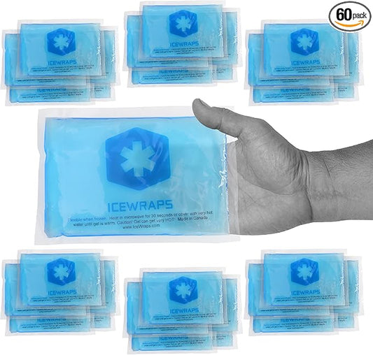 ICEWRAPS Hot & Cold Ice Packs - 3 x 5 in. Soft Gel Ice Packs – Reusable for Injuries Headaches, Joints, Fevers, & More – Made of Pro-Grade, Puncture-Proof Material (60 Packs)