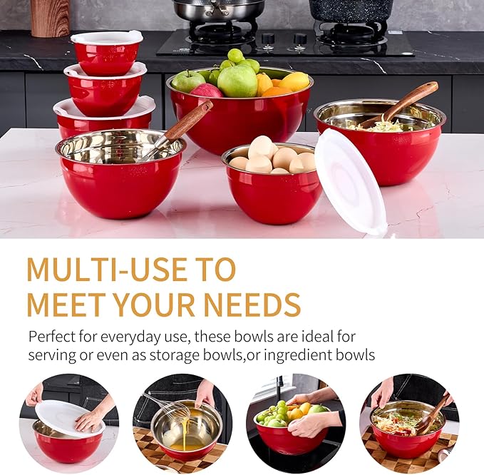 Red Mixing Bowls With Airtight Lids,Stainless Steel Bowl,Salad Bowls 7 Piece Colorful Nesting Bowl Rainbow Kitchen Accessories,Size 7,3.6,2.7,2.1,1.5,1.1,0.8QT Stackable Design