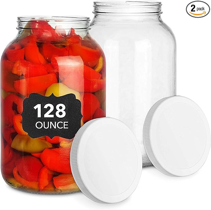 Stock Your Home 128 Oz Glass Jar with Plastic Airtight Lid (2 Pack) - 1 Gallon Glass Jar for pickling, fermentation, brewing, food storage
