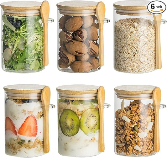 6 Pack 16oz Glass Jars with Bamboo Lids and Spoons,Overnight Oats Container,Glass Containers for Yogurt,Salad,Sugar,Oatmeal,Cereal,Meal prep and Chia pudding