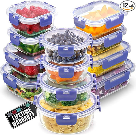Zulay Kitchen 12 Pack Glass Meal Prep Containers with Lids - Airtight, Premium Borosilicate Glass Food Storage Containers - Microwave, Freezer & Oven Safe, BPA Free - Periwinkle