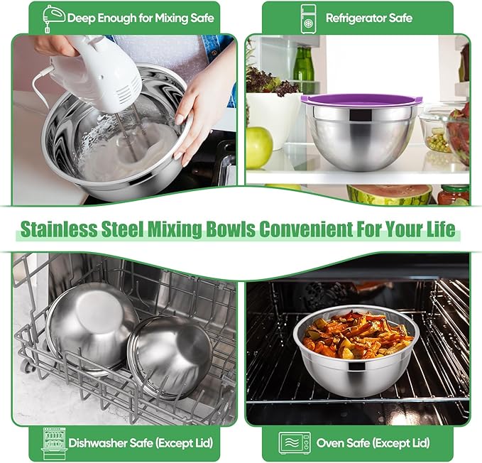 P&P CHEF Mixing Bowl with Lid Set of 5, 10-Piece Stainless Steel Nesting Salad Bowl Set for Prepping, Mixing and Serving, Size 4.6, 3, 1.5, 1, 0.7 QT, Rimmed Edges & Flat Base, Multicolor
