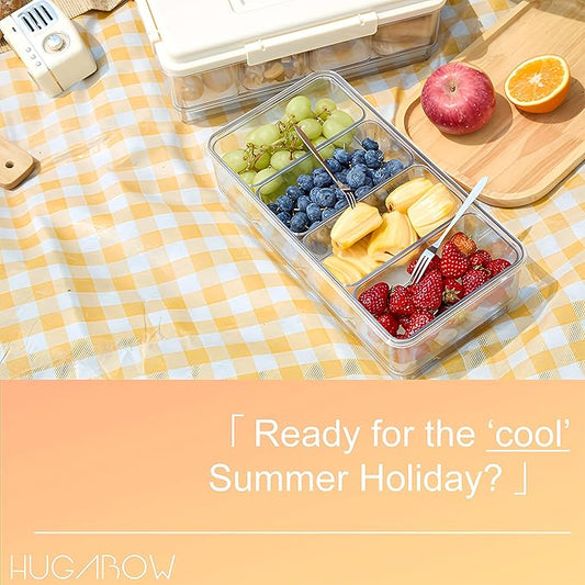 Portable Snackle Box Container with Ice Pack, Cooling Travel Charcuterie Box with Lid, Snack Cooler with Divided Serving Tray, for Outdoor Parties, Picinics (White)