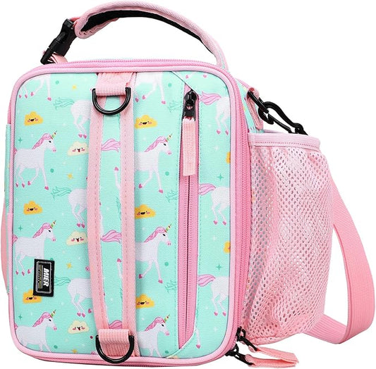 MIER Expandable Lunch Bag Insulated Lunch Box for Teen Girls Women to School Work Travel Portable Lunchbox Bags with Shoulder Strap and Water Bottle Holder(Green-Unicorn)