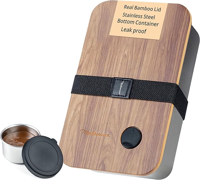 Leak Resistant Stainless Steel Bento Box For Adults|Stainless Steel Lunch Box for Adults |44Oz| BentoBox/Lunchbox| Lunch Container | Microwave Safe (Bottom container) |Bamboo Lid- SIlver
