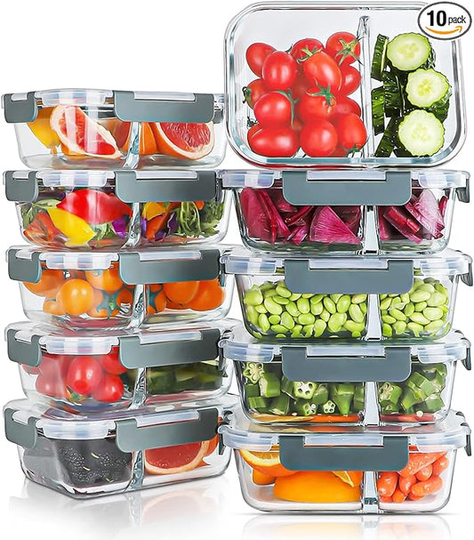 10 Packs 30oz Glass Meal Prep Containers 2 Compartments,Glass Food Storage Containers with Lids,Airtight Lunch Bento Boxes,Microwave,Oven,Freezer and Dishwasher Safe