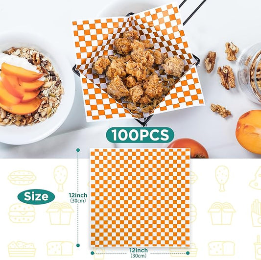 GeeRic Waxed Deli Paper Sheets 12 * 12 Inch, 100 Pcs Food Basket Liners for Sandwiches, Burgers, Checkered Deli Wrap Wax Paper Sheets Orange