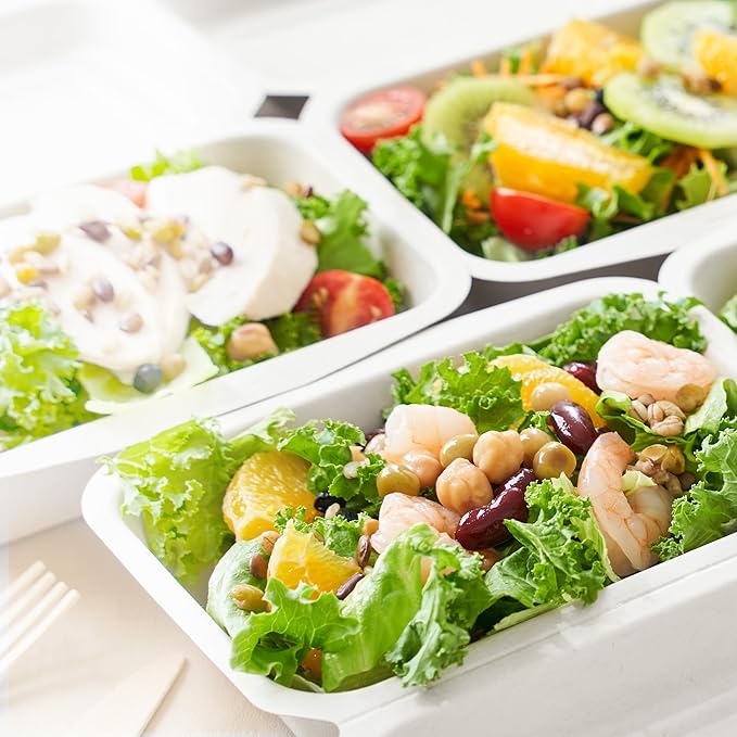 Freshware Clamshell Food Containers with Lids [9x6 50-Pack] Disposable To Go Containers, Biodegradable Sugarcane To Go Boxes - Paper Container - Microwave & Freezer Safe, Stackable
