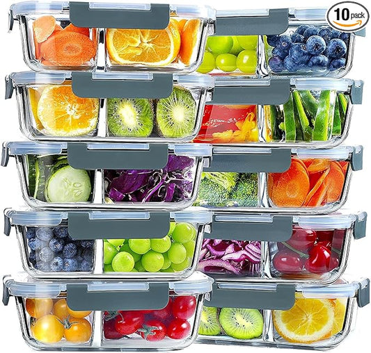 VERONES 10 Pack Glass Meal Prep Containers 2 Compartment Set, 30 OZ Airtight Glass Lunch Containers, Glass Food Storage Containers with Lids, for Microwave, Oven, Freezer & Dishwasher Friendly，Grey